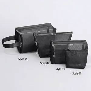 Professional black nylon mesh cosmetic bag set showing multiple sizes and dimensions