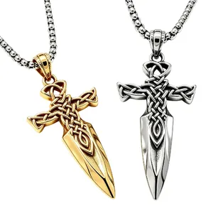 Retro Titanium Steel Viking Sword Cross Pendant For Men Celtic Knot Gothic Dagger Charm Pendant Only Without Chain