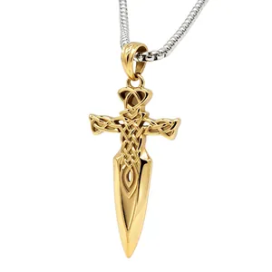 Vintage Viking sword cross pendant necklace for men crafted in gold and silver steel