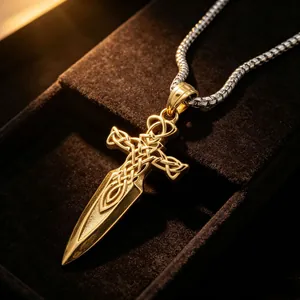 Vintage Viking sword pendant necklace crafted from durable gold plated stainless steel