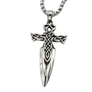 Retro Viking sword cross pendant necklace for men in high-quality stainless steel