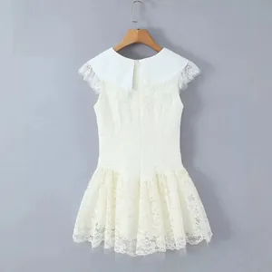 Elegant white French style lace dress with Peter Pan collar and layered ruffled skirt