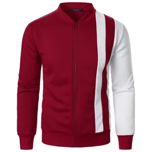 Men's zipper stand-up collar color-block casual sweatshirt jacket in burgundy and white