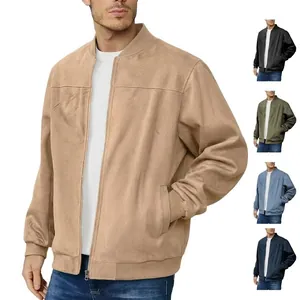 Men Casual Suede Jacket Bomber Style Zipper Stand Collar Long Sleeve Ribbed Cuffs Solid Color Outerwear