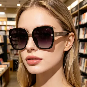 Close-up of stylish women's polarized oversized sunglasses worn by a blonde model