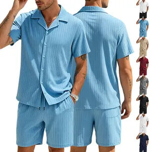Front and back view of men's ribbed casual short sleeve shirt and shorts set colors