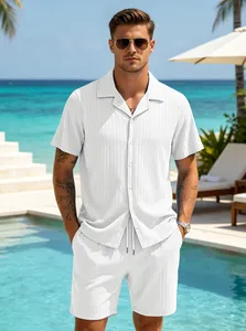 Classic men's white ribbed short sleeve button-down shirt and beach shorts set for holiday