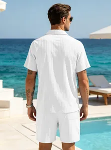 Back view detail of white textured quick-dry men's vacation shirt and shorts set