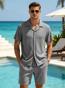 High-quality detail of men's grey ribbed short-sleeve button-down shirt and shorts