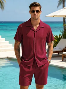 Men's burgundy textured resort set with short-sleeve button-down shirt and matching shorts.