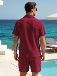 Back view of men's burgundy ribbed short sleeve shirt and beach shorts resort set