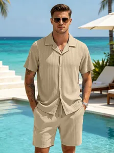 Detailed view of men's ribbed short sleeve shirt and shorts set in beige resort style