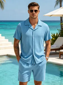 Men's stylish blue ribbed short sleeve shirt and matching shorts set for beach vacation