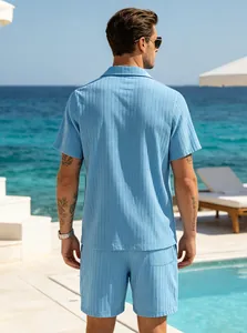 Detail view showing the ribbed texture of light blue men's resort shirt and shorts