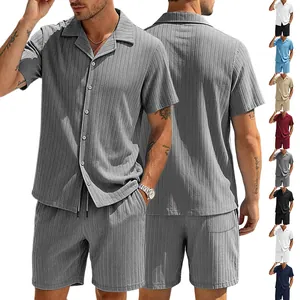 Men Casual Summer Outfits Short Sleeve Button Shirt And Drawstring Shorts Striped Textured Knitted Vacation Beach