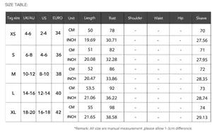 Detailed size chart for women's slim short hooded zipper jacket in CM and INCH
