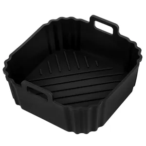 Reusable heat resistant black square silicone air fryer liner with dual side handles