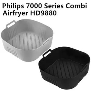 Premium square silicone air fryer liner set in grey and black with handles for Philips