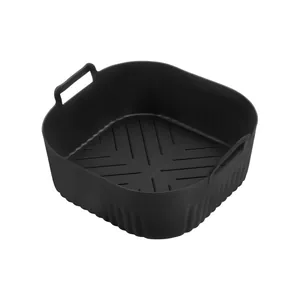 Durable black square silicone air fryer liner with side handles and textured base detail