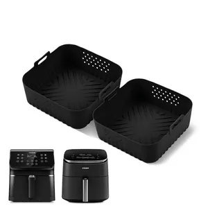 Pair of square black silicone air fryer liners compatible with large capacity fryers