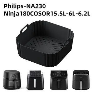 Premium square black silicone air fryer liner with handles and grease drainage design