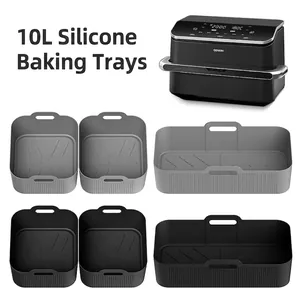 Food-grade grey and black silicone air fryer liners in multiple sizes with heat-resistant handles