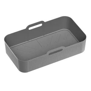 Detailed macro view of a durable gray rectangular silicone air fryer basket with handles