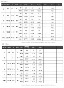 Size guide for women's printed short sleeve top and pants set with measurements.