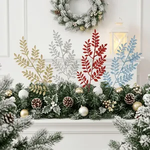 Set di quattro rami di foglie glitterate natalizie da 46 cm per decorazione di alberi