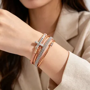 Bohemian multilayer PU leather bracelet with rhinestone cross and 'BLESSED' engraving