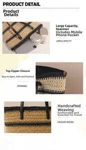 Detailansichten der handgewebten gestreiften Strohtasche und Reißverschluss