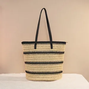 Striped Woven Paper Rope Tote Bag Large Capacity Summer Beach Shoulder Bag Women Zipper Closure Vintage Straw Style