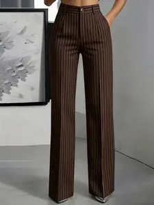 Elegant women's brown high-waisted pinstriped wide-leg trousers for office wear