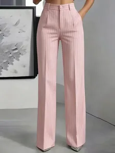 Fashionable pink high-waisted vertical striped wide-leg suit trousers for women's wear