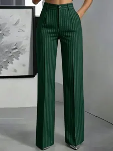 Elegant dark green high-waisted wide-leg dress pants with white pinstripes