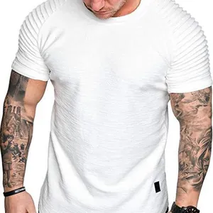 Men's white textured short sleeve T-shirt with pleated shoulder detail and round neck