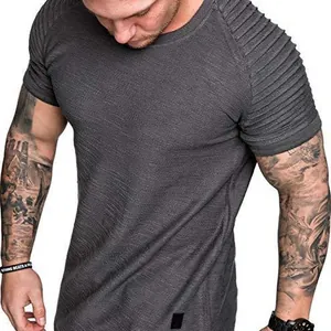 Men's casual dark gray short sleeve T-shirt featuring unique pleated shoulder texture
