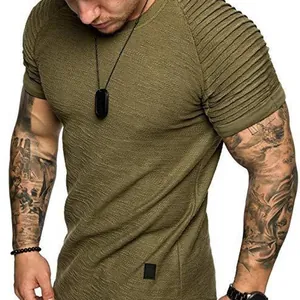Men's olive green short sleeve T-shirt with textured fabric and pleated sleeve detail