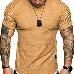 Men's casual khaki short sleeve T-shirt with textured fabric and ribbed shoulder detail