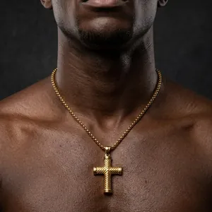 Hip-hop style gold titanium steel cross pendant necklace for men with textured finish