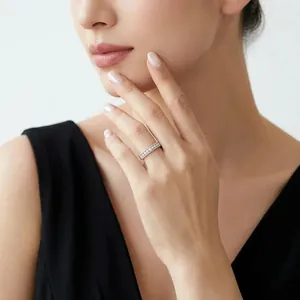 Elegant 925 sterling silver moissanite eternity ring worn on finger, minimalist style