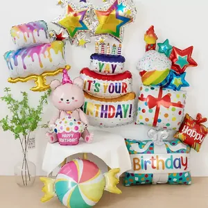 Grand Ballon En Aluminium De Gâteau D'anniversaire Forme D'ours De Dessin Animé Coloré Décorations De Fête Accessoires Photo