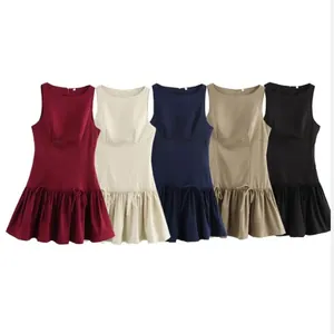 Women Sleeveless Mini Dress Round Neck Elegant Ruffle Hem Drawstring Bow Pleated High Waist A Line Polyester Party