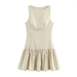 Minimalist beige sleeveless round neck mini dress featuring charming bow waist details