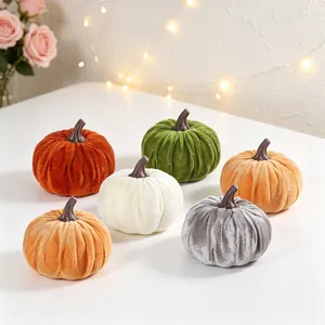 Set of 6 artificial velvet pumpkins in various autumn colors for holiday decor