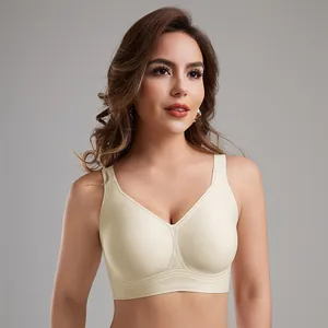 Plus size seamless wireless comfort bra in beige, featuring a supportive V-neck design