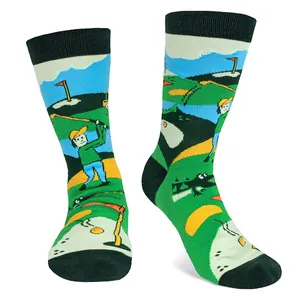 Detailed close-up of golf-themed pattern on colorful crew socks for men and women