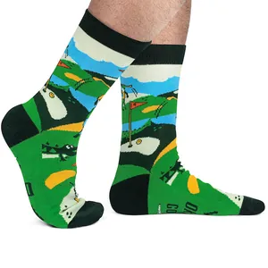 Macro detail of vibrant golf course illustration woven into soft cotton crew socks