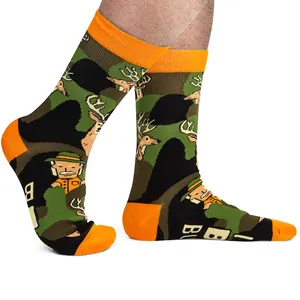 Fashionable camouflage hunting crew socks featuring Big Buck text and deer patterns for men