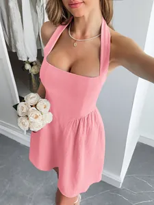 Elegant pink halter neck mini dress for women featuring textured fabric and a chic square neckline